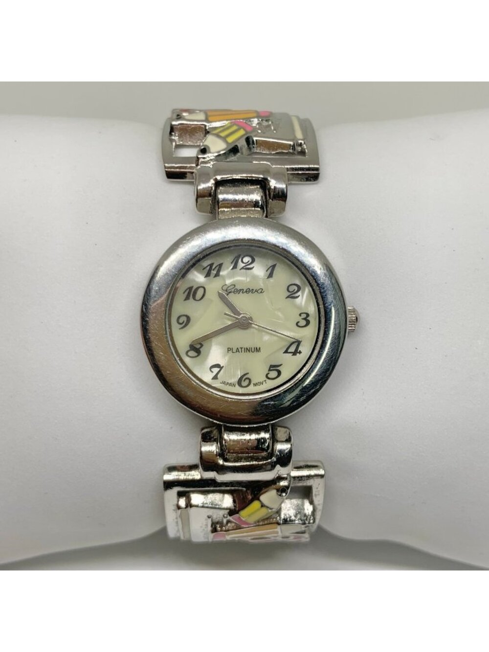Geneva Teacher School cuff bracelet watch 26mm silver tone quartz running